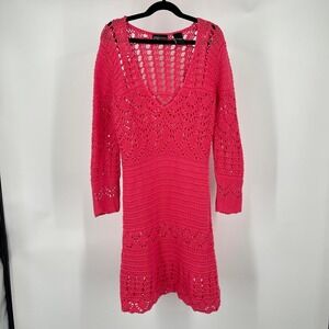 Vintage Y2K Beachy Crotchet Mini Dress Swim Cover Up Small Cotton Vacation Coral